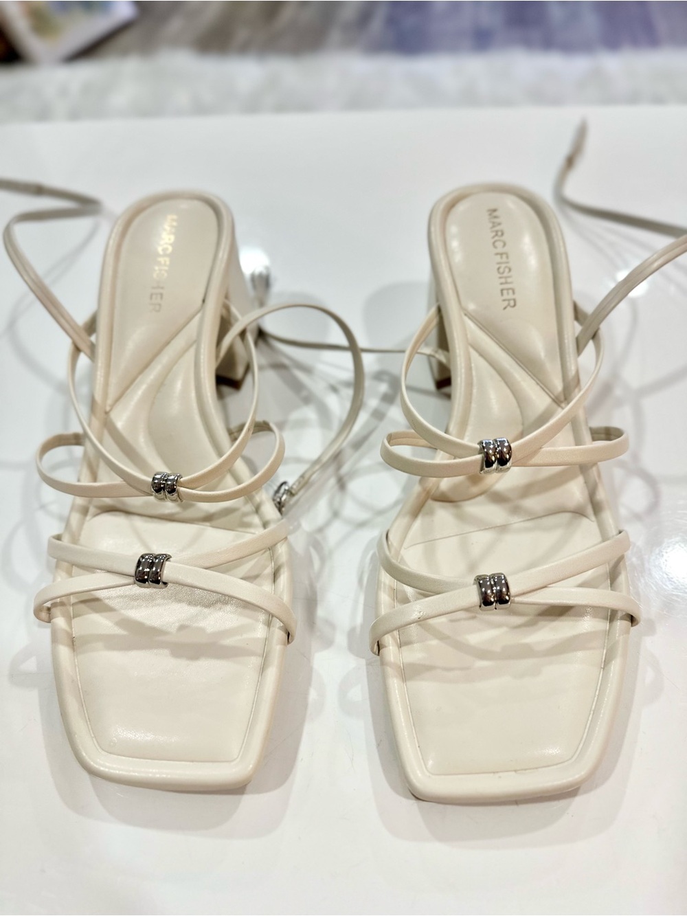 Marc Fisher Cream Strappy Square-Toe Heeled Sandal